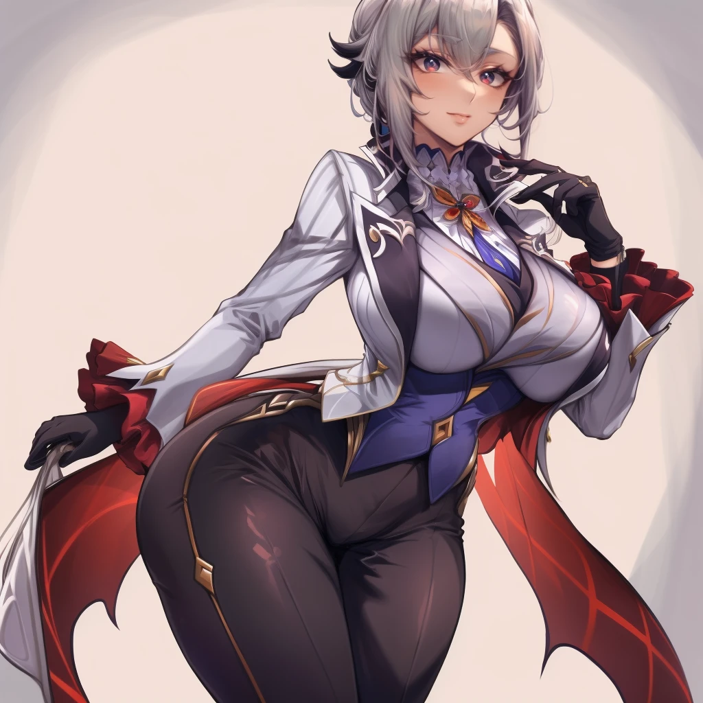 (masterpiece, best quality:1.3), Iparuputsua, 1girl, solo, looking at viewer, wide hips, mature female, closed mouth, seductive smile, large breasts, cowboy shot, thick thighs, <lora:add_detail:.5> <lora:Iparuputsua Style Lora:.85>, arlecchino \(genshin impact\), black gloves, grey tailcoat, black pants, grey vest, grey shirt, high heels, <lora:Char-Genshin-Arlecchino-V1:.8>