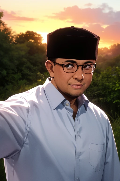 masterpiece, best quality, 1boy, male focus, anies baswedan,
white shirt, collared shirt, hat, glasses, muscular, undersized clothes,
forest, sunset, looking at viewer, punching,
<lora:anies-baswedan-locon-prodigy-dcoef2:0.6>