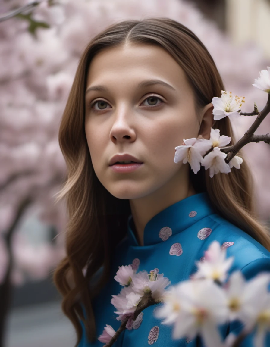 MillieBobbyBrown,<lora:MillieBobbyBrownSDXL:1>, portrait, blossoms,close up of a Unattractive (humanoid:1.3) , ð¤©, Sharp nose, Action scene, she has a Ming Dynasty Mask made out of Satin, inside a city street, in focus, Fine art, Frightening, 35mm