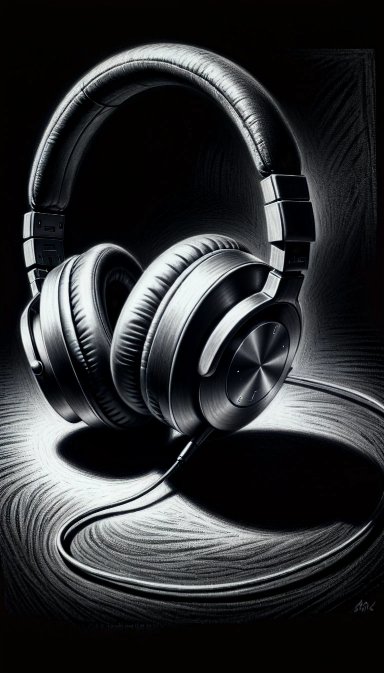 monochrome greyscale noise grainy dirty charcoal drawing of <lora:CharcoalDarkStyleXL:1>CharcoalDarkStyle Headphones dark black background black vignette