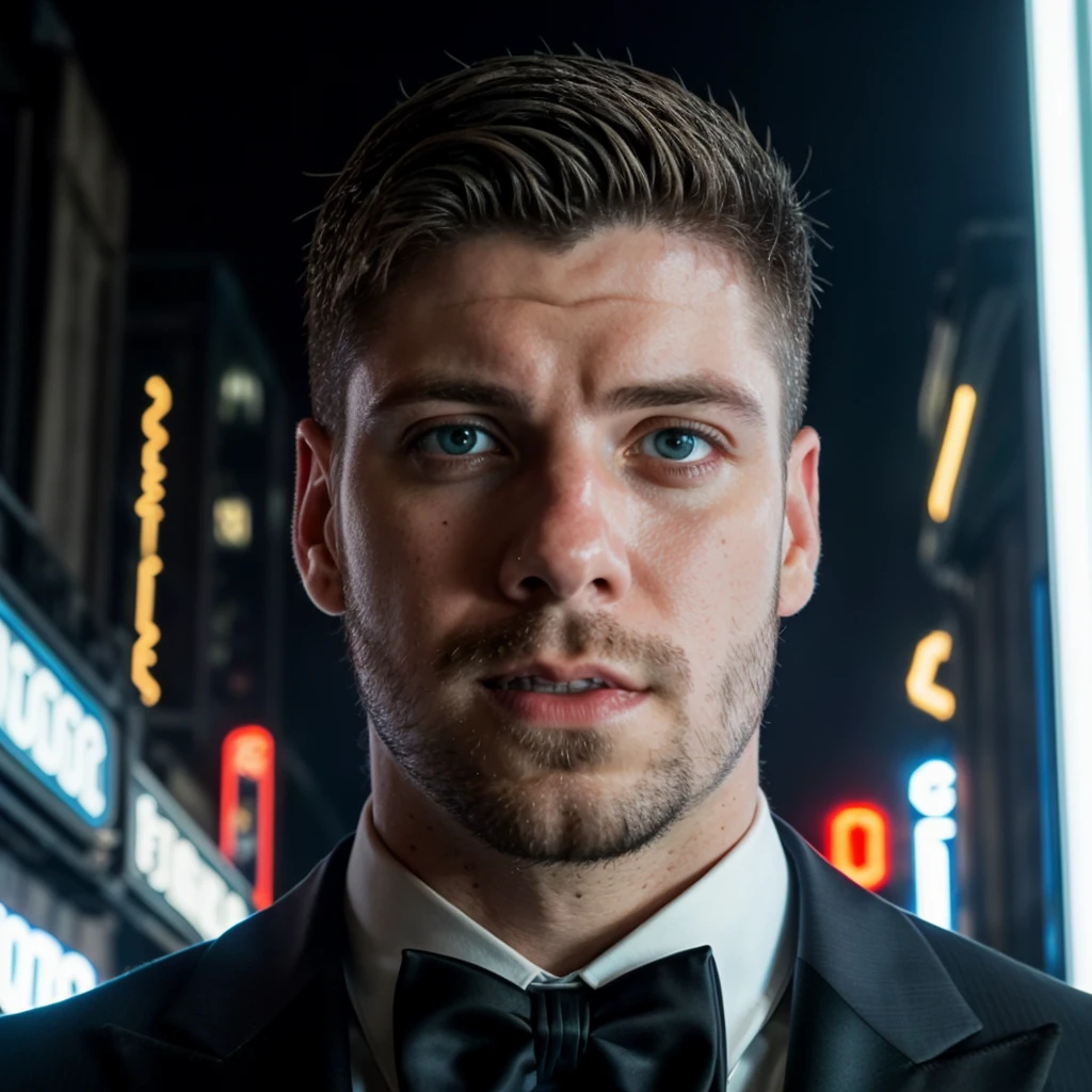 face portrait of nathanweir person using a tuxedo, in blade runner, professional photography, high resolution, 4k, detailed photo, <lora:nathanweir_33300:1>