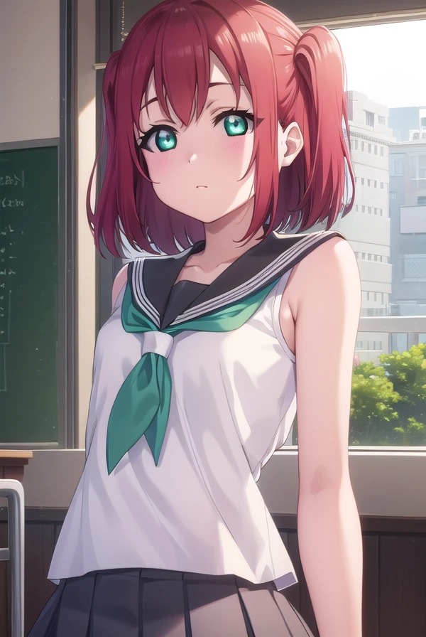 rubykurosawa, <lora:ruby kurosawa s2-lora-nochekaiser:1>,
ruby kurosawa, short hair, bangs, (green eyes:1.3), red hair, aqua eyes, (two side up:1.2),
BREAK shirt, school uniform, white shirt, serafuku, neckerchief, uranohoshi school uniform, orange neckerchief, sleeveless, skirt, pleated skirt, grey skirt,
BREAK indoors, classroom,
BREAK looking at viewer, (cowboy shot:1.5),
BREAK <lyco:GoodHands-beta2:1>, (masterpiece:1.2), best quality, high resolution, unity 8k wallpaper, (illustration:0.8), (beautiful detailed eyes:1.6), extremely detailed face, perfect lighting, extremely detailed CG, (perfect hands, perfect anatomy),