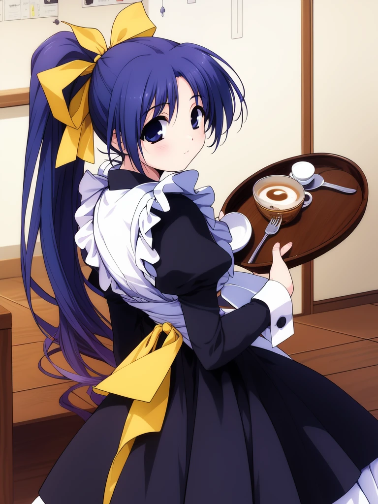 <lora:Itou_Noemi:0.8>, ItouNoemi, 1girl, solo, blue hair, blue eyes, maid, long hair, tray, side ponytail, bow, long sleeves, looking back, apron, very long hair, hair bow, ribbon, yellow bow, dress, cafe, restaurant,
masterpiece, high quality, very_high_resolution, large_filesize, full color,