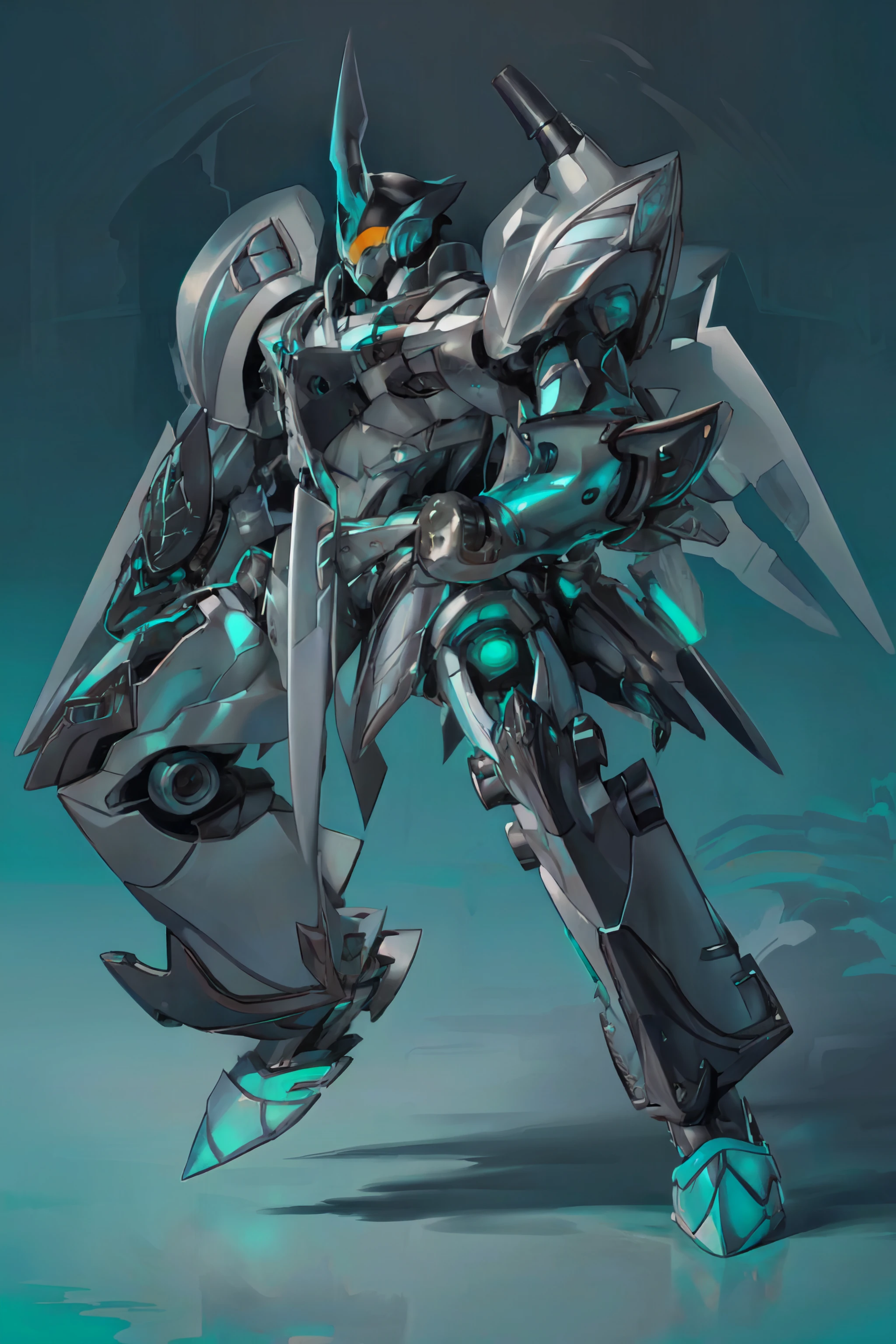 (masterpiece, best quality, ultra detailed, beautiful illustration), atmospheric perspective, depth of field, (full body), fighting stance, dynamic angle, (turquoise background:1.6, abstract background:1.6), <lora:EiyuuDensetsu_Valimar:1>, ValimarSen, science fiction, mecha, robot, glowing, wings, no humans, <lora:retrowave_0.12:0.5> retrowave,