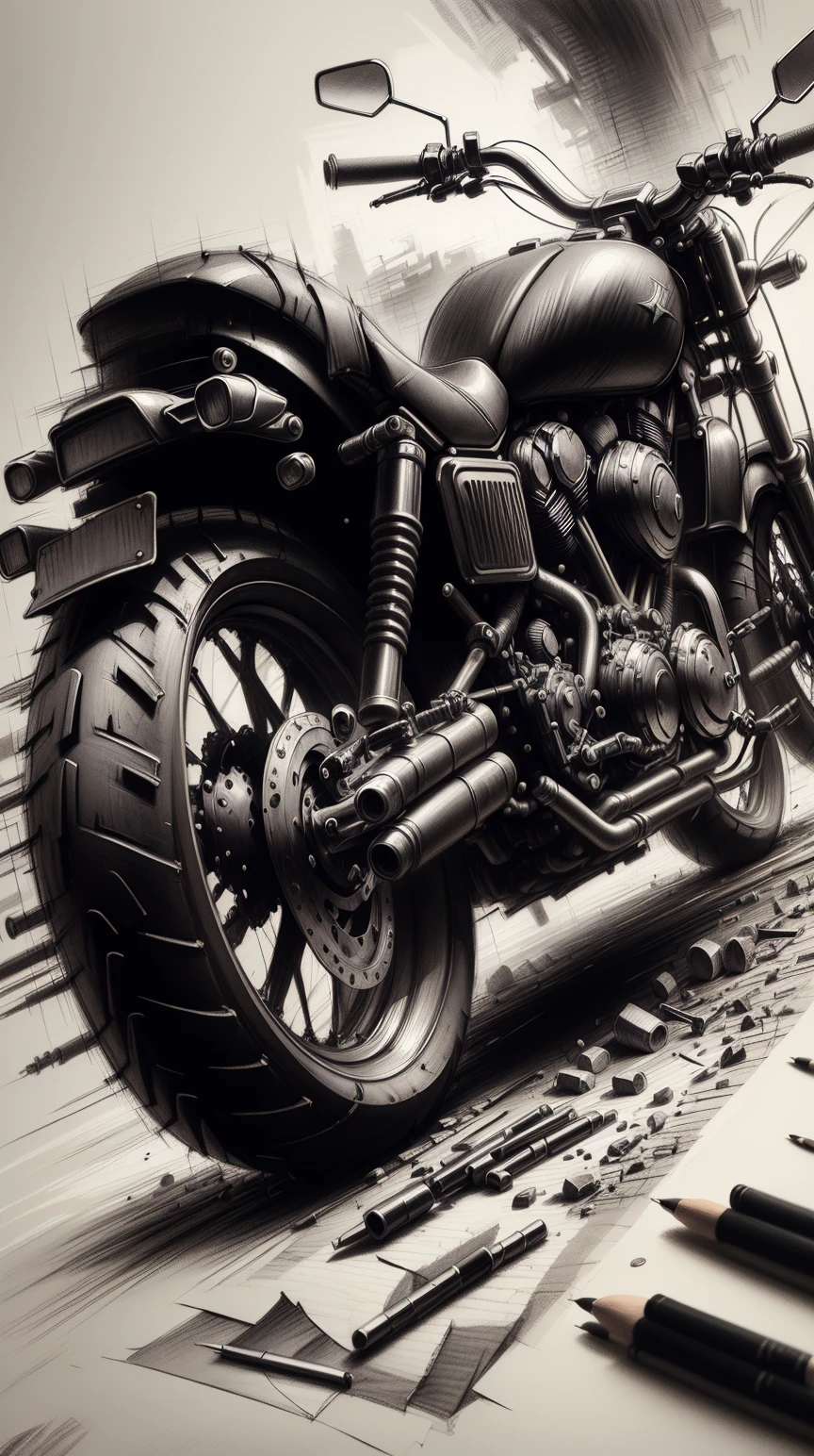 CharcoalDarkStyle motorbike <lora:CharcoalDarkStyle:1>, charcoal drawing, sketch, rough, (Masterpiece:1.3) (best quality:1.2) (high quality:1.1)