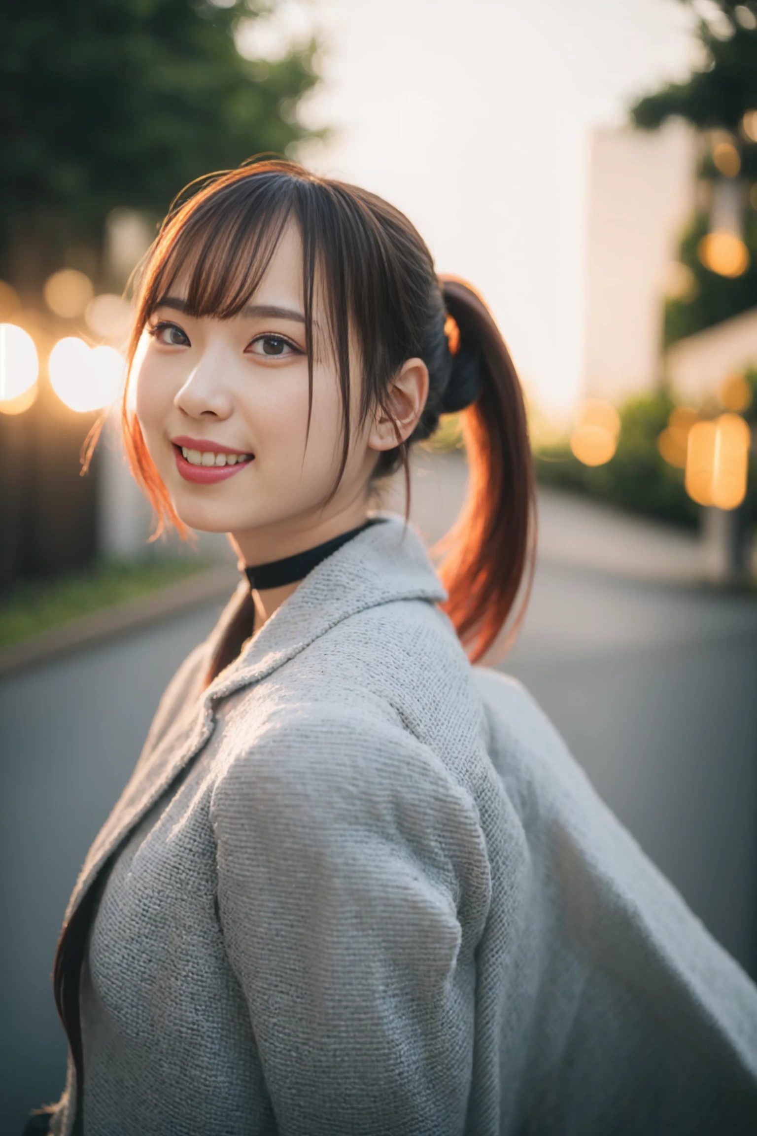 <lora:nana_kic_v01:0.9>,
(8k, RAW photo, best quality, masterpiece:1.2), (realistic, photo-realistic:1.37), omertosa,1girl, blurry background,city, rain,wet,professional lighting, photon mapping, radiosity, physically-based rendering, backlight bokeh, blurry background,smile, ((black choker)), red lips, student ,((lights shinning on the face))
head portrait
,
sunlight, ((outdoors)) ,((light shinning on the hair))
((short jacket)),
((ponytail hair)), ((floating hair)), pink hair,straight hair, glowing hair,
135mm lens,,big breast,red lips,smile,