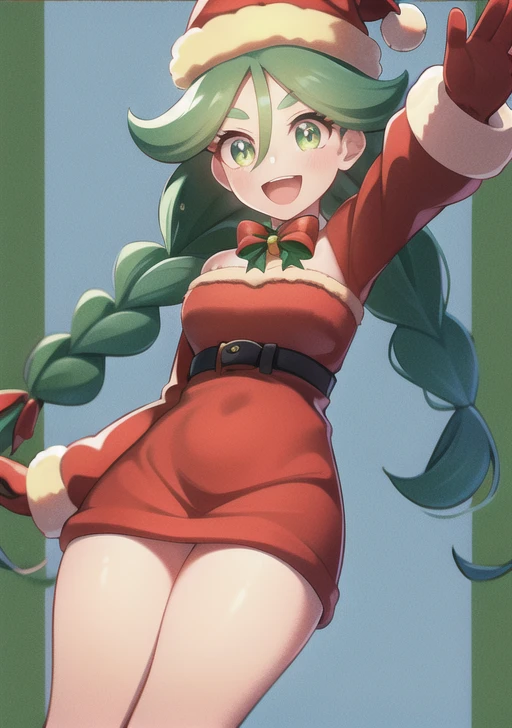 <lora:sabi:0.6>,sabi, 1girl, solo, long hair, smile, open mouth, bangs, long sleeves, hair between eyes, twintails, green eyes, braid, :d, green hair, twin braids, eyelashes, strapless, red dress, ;d, christmas, strapless dress, red headwear, santa hat, santa costume, fur-trimmed dress, red sleeves, bow-shaped hair, santa dress,