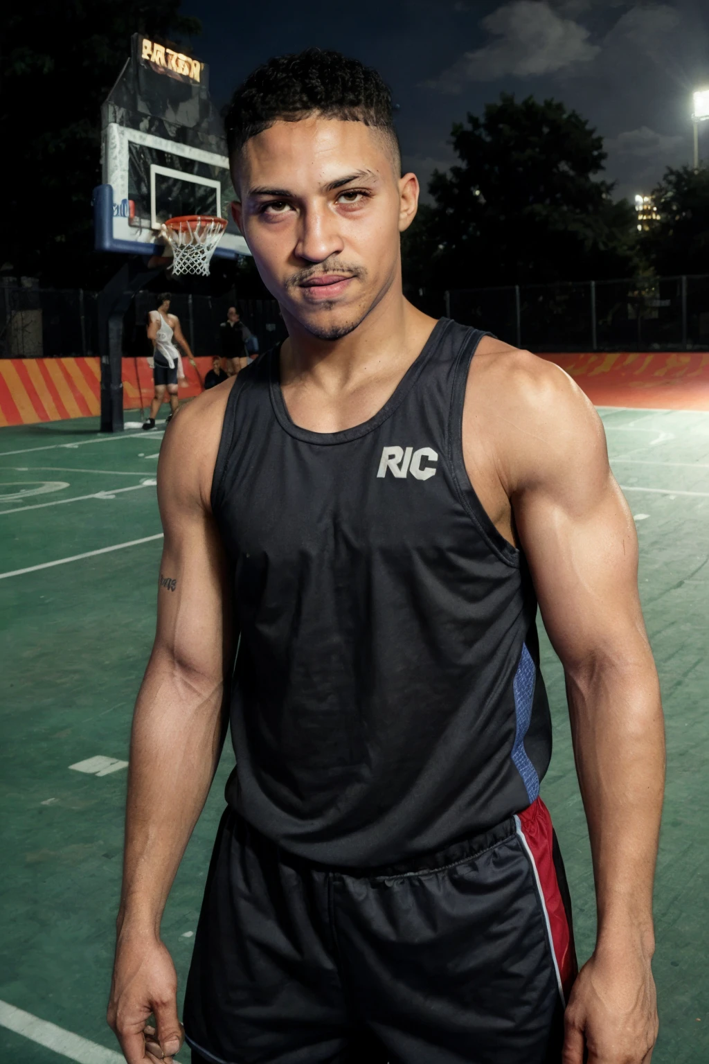 <lora:tiger_tyson_2-21:0.9> tgrtsn, facial hair, urban New York outdoor basketball court backdrop, [high contrast lighting|dynamic lighting], (smirk:0.5) <lora:Clothing - Sexy Basketball Player:0.4> dressed as basketballplayer, tight tank top, dynamic movement