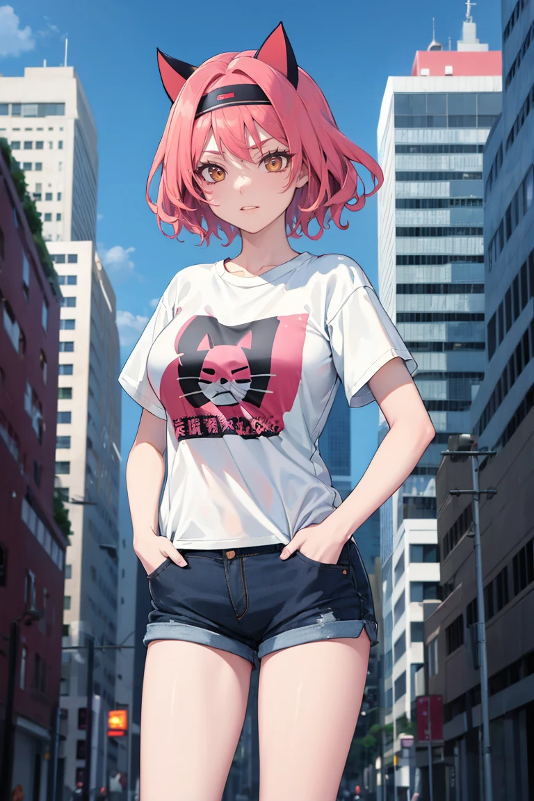 masterpiece, best quality, absurdres, YuukiNinjaWars, cat ears, short hair, hairband, t-shirt, denim shorts, standing, outdoors, city, hands in pockets, <lora:CHAR-YuukiNinjaWars:1>