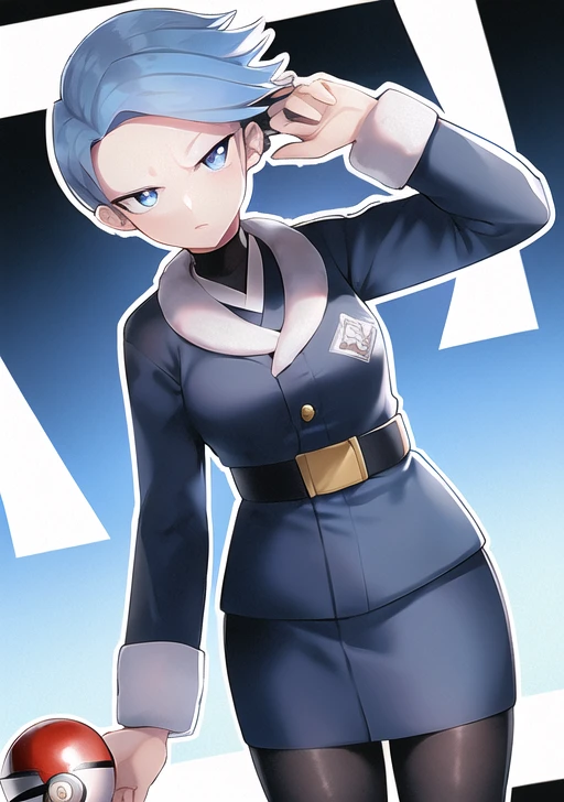 <lora:cyllene:0.7>,cyllene, 1girl, solo, looking at viewer, short hair, bangs, blue eyes, skirt, shirt, holding, closed mouth, blue hair, jacket, pantyhose, belt, hand up, black pantyhose, black shirt, frown, border, bright pupils, white border, buckle, grey skirt, arm behind back, outside border, outline, white pupils, black belt, poke ball, belt buckle, grey jacket, logo, holding poke ball, no eyebrows