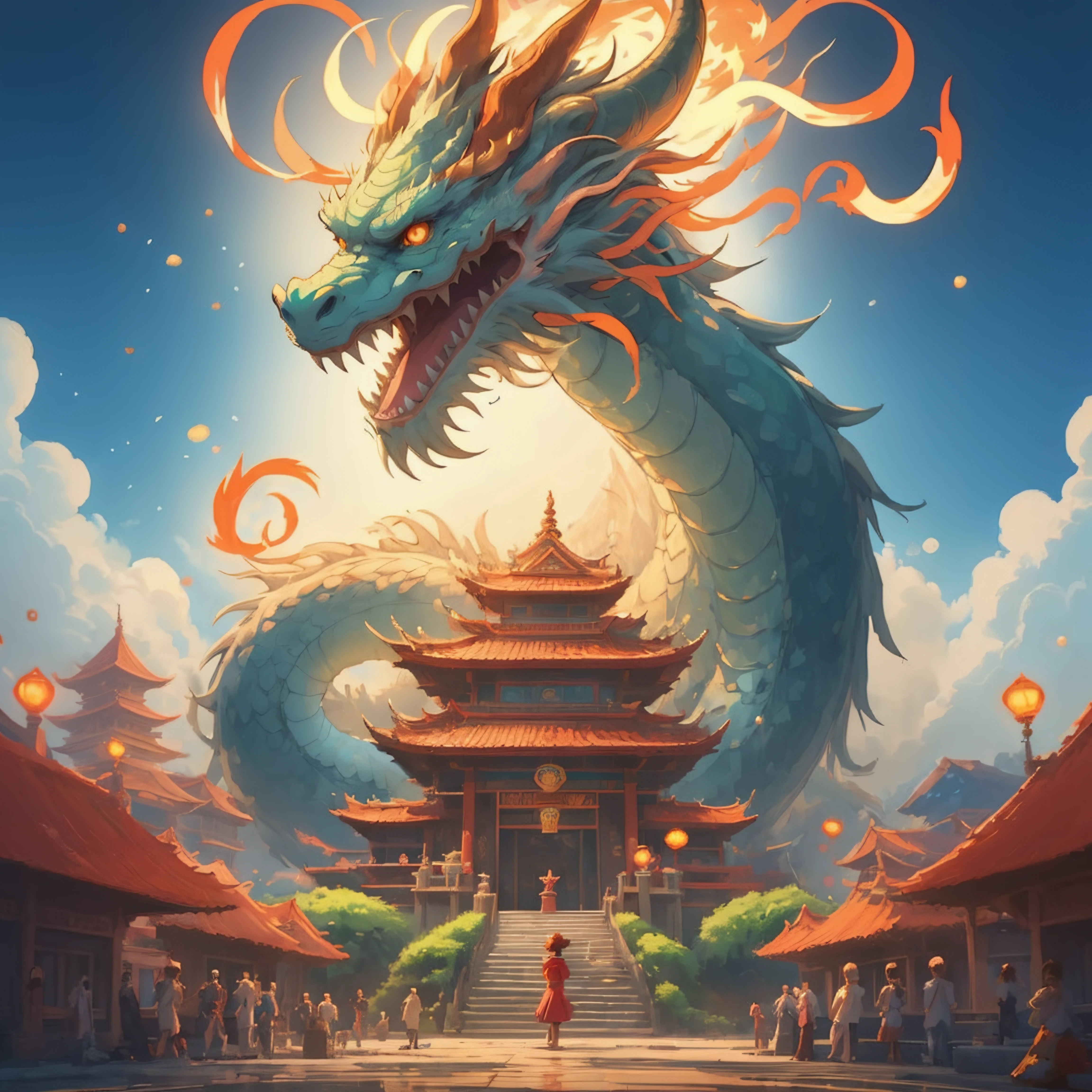 <lora:DragonsTemple:0.55>, a dragon, front face, (temple:1.3), bright, tail, (glow:1.2), anime, design, studio ghibli, (festival:1.2), lunar celebration, better image, better pose, ultra quality