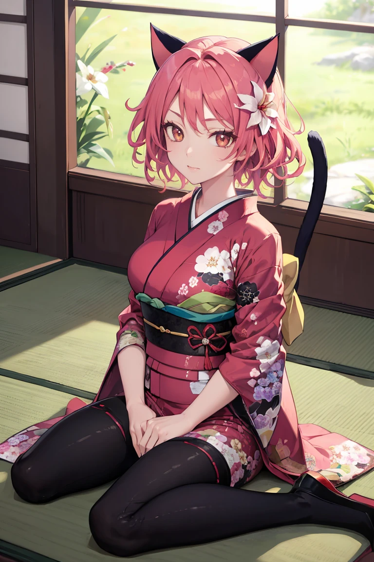 masterpiece, best quality, absurdres, YuukiNinjaWars, cat ears, tail, short hair, indoors, kimono, hair flower, floral print, wariza, sitting, <lora:CHAR-YuukiNinjaWars:1>