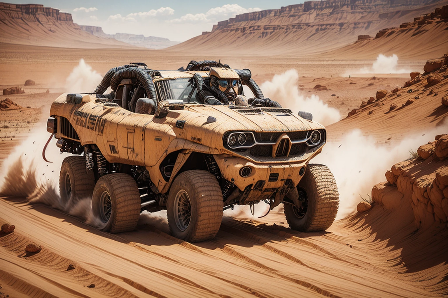 aichang, desert, red crawler truck, sandstorm, modified vehicles, tracks, broken vehicles, weapons, track, red body, track, exaggerated shape