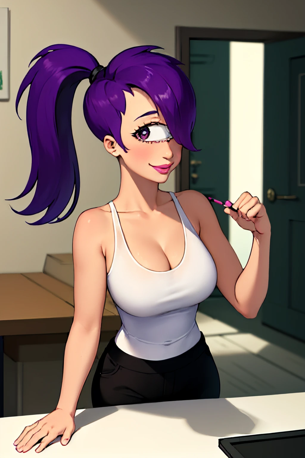 leela, 1girl, purple hair, one-eyed, cyclops, ponytail, long hair, solo, breasts, cleavage, lipstick, black pants,looking at viewer, white tank top,lipstick, upper body,smile, simple background, <lora:leela:0.6> best quality, high quality, absurdres, masterpiece, <lora:char cyclops:0.7>