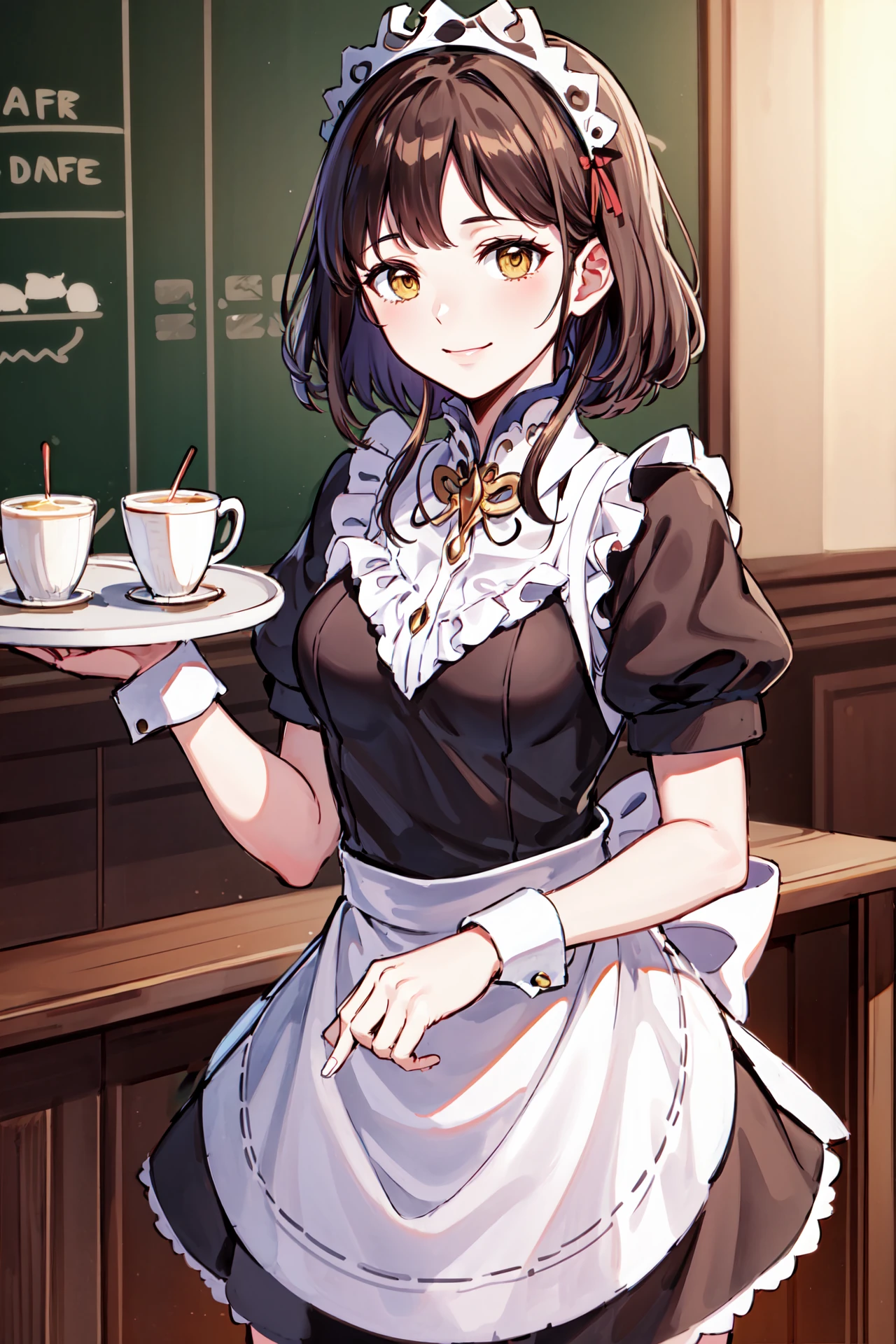 smile,<lora:FEFatesMaid_v1:0.8>,fates maid, <lora:lindaV3-1:0.9>,hol_linda,hairband,maid headdress,maid apron,indoors,cafe,(masterpiece, best quality, ultra-detailed, best shadow)