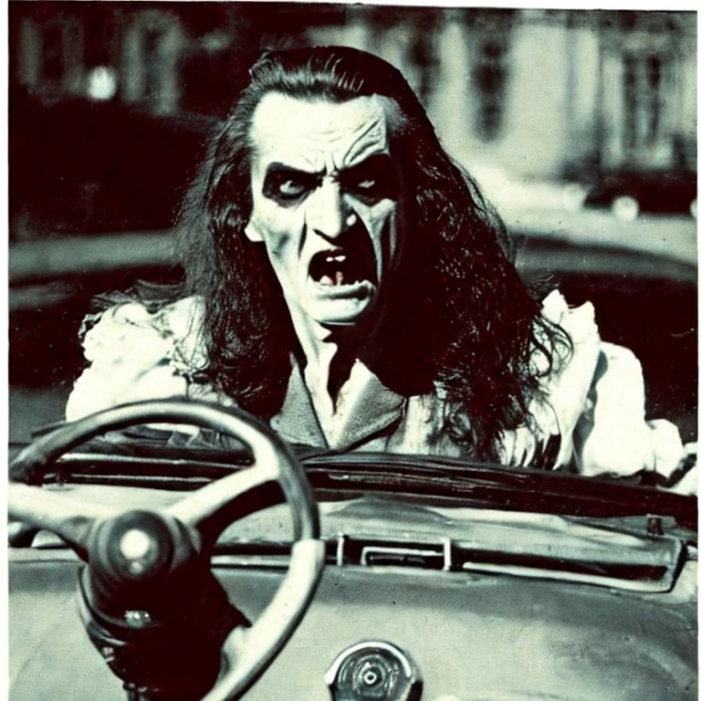 portrait photo of Dracula vampire driving a car on a dirty street, old soviet black and white movie, swearing, (steering wheel:0.8)