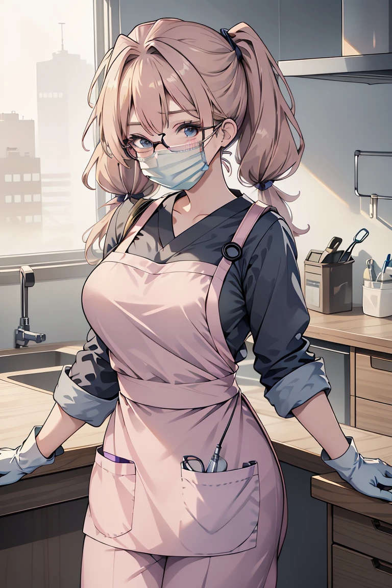 masterpiece, best quality,lower_body, operating table,medical monitors,hospital bed,  <lora:0- CL - Doctor Apron:0.8> ((doctor_apron, apron, mask, gloves, surgical mask,scrubs,pink_uniform)),  <lora:Kimune Honda:0.7> (kimune honda, 3dcg_14, 1girl, blush, bangs, blonde_hair, low twintails, parted bangs, large breasts, grey_eyes, glasses, twintails),