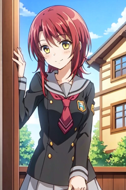 1girl, blush, smile, corda kahoko-1, school uniform, badge, necktie, red hair, yellow eyes