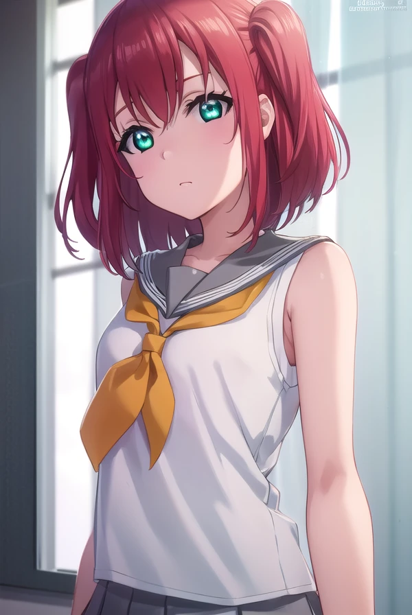 rubykurosawa, <lora:ruby kurosawa s2-lora-nochekaiser:1>,
ruby kurosawa, short hair, bangs, (green eyes:1.3), red hair, aqua eyes, (two side up:1.2),
BREAK shirt, school uniform, white shirt, serafuku, neckerchief, uranohoshi school uniform, orange neckerchief, sleeveless, skirt, pleated skirt, grey skirt,
BREAK indoors, classroom,
BREAK looking at viewer, (cowboy shot:1.5),
BREAK <lyco:GoodHands-beta2:1>, (masterpiece:1.2), best quality, high resolution, unity 8k wallpaper, (illustration:0.8), (beautiful detailed eyes:1.6), extremely detailed face, perfect lighting, extremely detailed CG, (perfect hands, perfect anatomy),