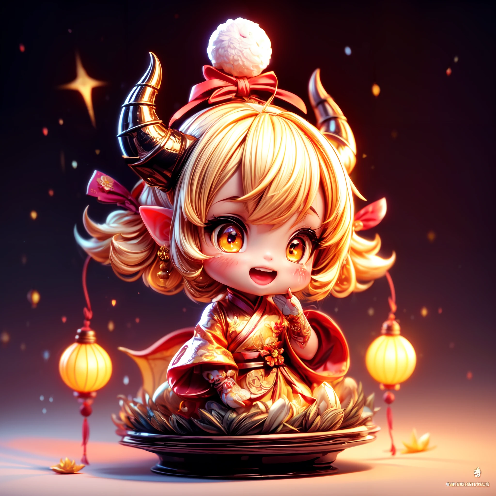 LunarChibiDragon,<lora:LunarChibiDragon:1>,masterpiece, (Best quality:1.2), highres, (scenary:1.2), Dynamic light, 1 cute girl,glowing lanterns,yellow hair,night, wearing cute traditional chinese gloves,cute, looking at viewer, cinematic lighting, dramatic angle, glowin yellow eyes, pointy ears, hair ornament, traditional red chinese long sleeved dress, bare shoulders, laces, AGGA_ST004, cute adorable face, ribbon,nice hands,detailed cute hands,lunar new year,happy facial emotion,open mouth,horns,dragon girl,backround fireworks scenery, <lora:add_detail:0.6> <lora:more_details:0.6> <lora:colorfix:0.6>