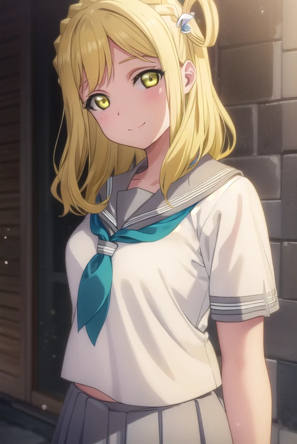 mariohara, <lora:mari ohara s2-lora-nochekaiser:1>,
mari ohara, long hair, bangs, blonde hair, hair ornament, (yellow eyes:1.3), braid, medium hair, hair rings, crown braid, smile,
BREAK skirt, school uniform, short sleeves, pleated skirt, serafuku, socks, neckerchief, kneehighs, black socks, green neckerchief, grey skirt, uranohoshi school uniform,
BREAK indoors, classroom,
BREAK looking at viewer, (cowboy shot:1.5),
BREAK <lyco:GoodHands-beta2:1>, (masterpiece:1.2), best quality, high resolution, unity 8k wallpaper, (illustration:0.8), (beautiful detailed eyes:1.6), extremely detailed face, perfect lighting, extremely detailed CG, (perfect hands, perfect anatomy),