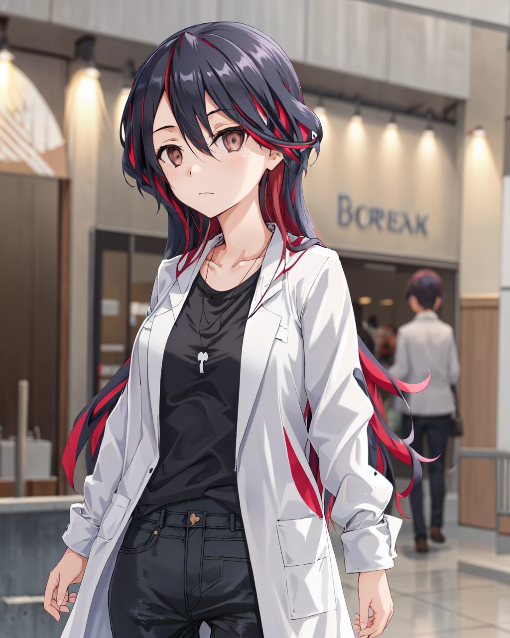 <lora:Karasuma_Kumiko-1024:0.8>,1girl, solo, long hair,shirt, black hair,brown eyes, hair between eyes, red hair,streaked hair, open clothes, pants,black shirt, white coat,