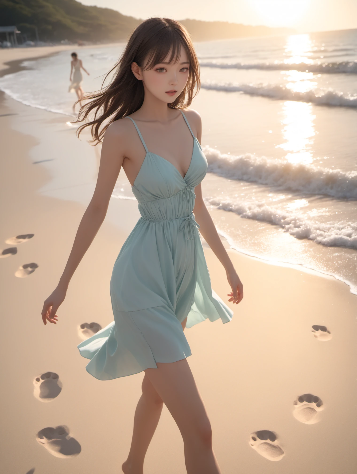 8k, RAW,natural skin,detailed skin,japanese girl,fashion model,sundress, pastel colors, Shooting fashion models, soft shadows, sun flare, beachside walking, footprints, peaceful, shoreline, dynamic angle, twilight,best quality,masterpiece,