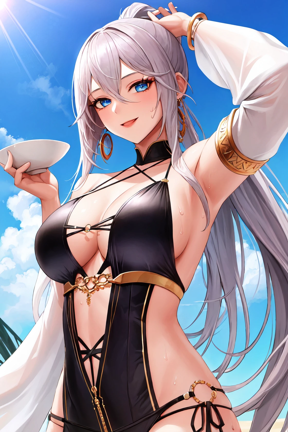 1girl, solo, long hair, looking at viewer, smile, blue eyes, large breasts, holding, cleavage, hair between eyes, bare shoulders, jewelry, very long hair, swimsuit, upper body, ponytail, bikini, sweat, earrings, detached sleeves, sky, arm up, bracelet, cup, holding cup, wing hair ornament,(masterpiece:1.5),(best quality:1.2), <lora:moniam-v1-lokr:0.8>