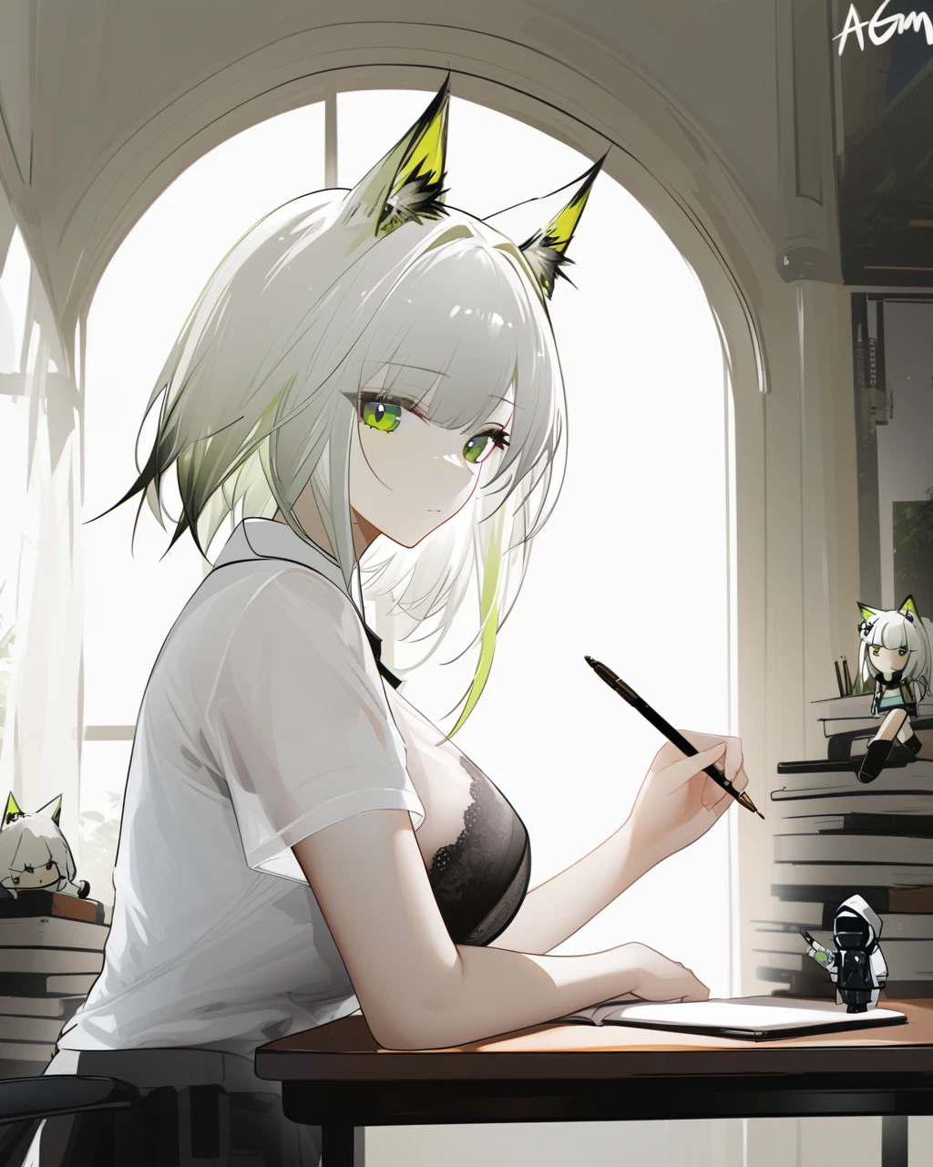 omone hokoma agm, kal'tsit (arknights), 1girl, breasts, animal ears, alternate costume, green eyes, shirt, indoors, breast rest, white hair, large breasts, looking at viewer, white shirt, solo, short sleeves, pen, short hair, book stack, holding, cat ears, bra, breasts on table, book, animal ear fluff, desk, upper body, closed mouth, collared shirt, window, underwear, bangs, holding pen, see-through, character doll, from side, bra visible through clothes, sunlight, doctor (arknights), phone, day