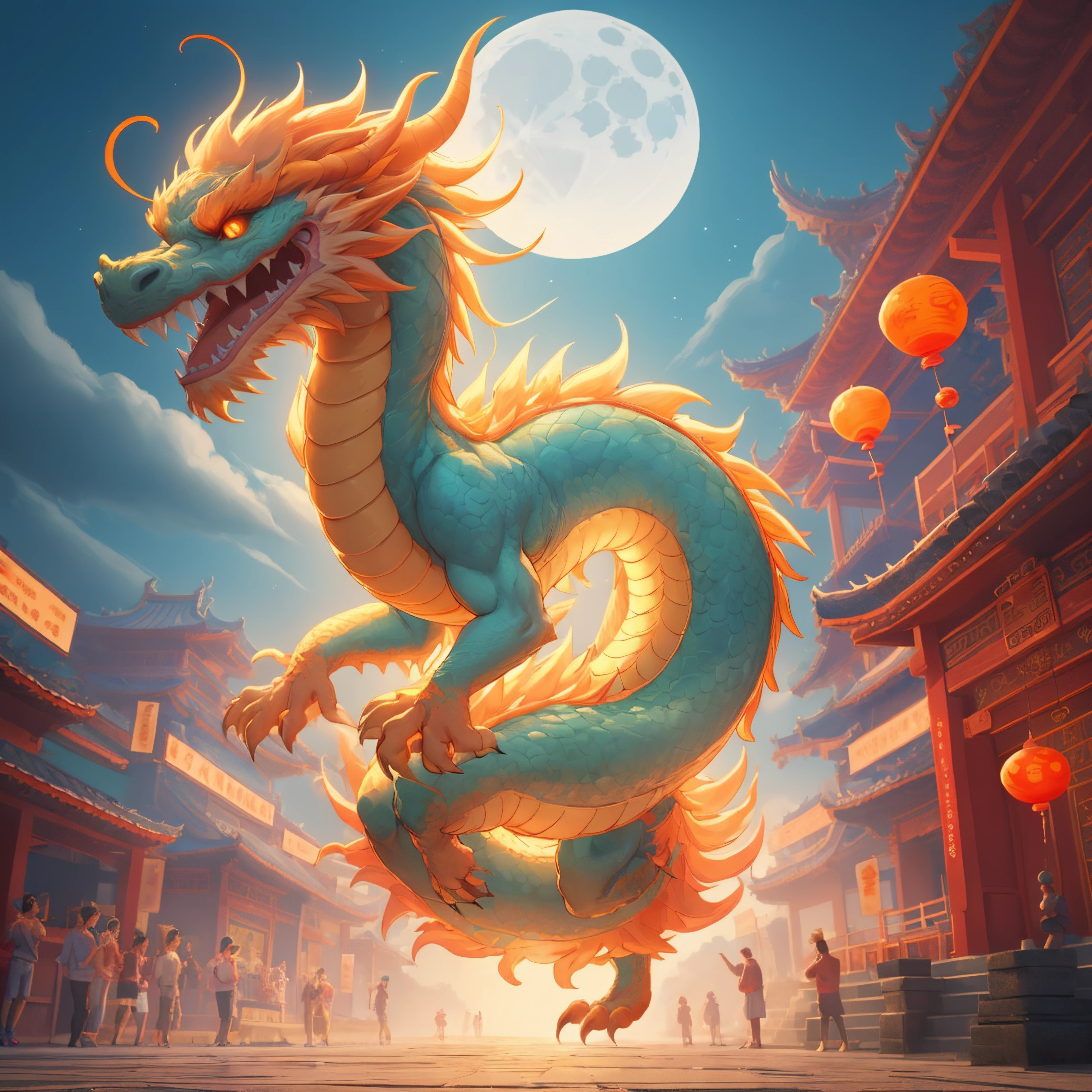 <lora:DragonsTemple:0.5>, a dragon, with paws, body dragon, (temple:1.2), bright, tail, moon festival, party balloons, night, moon glow