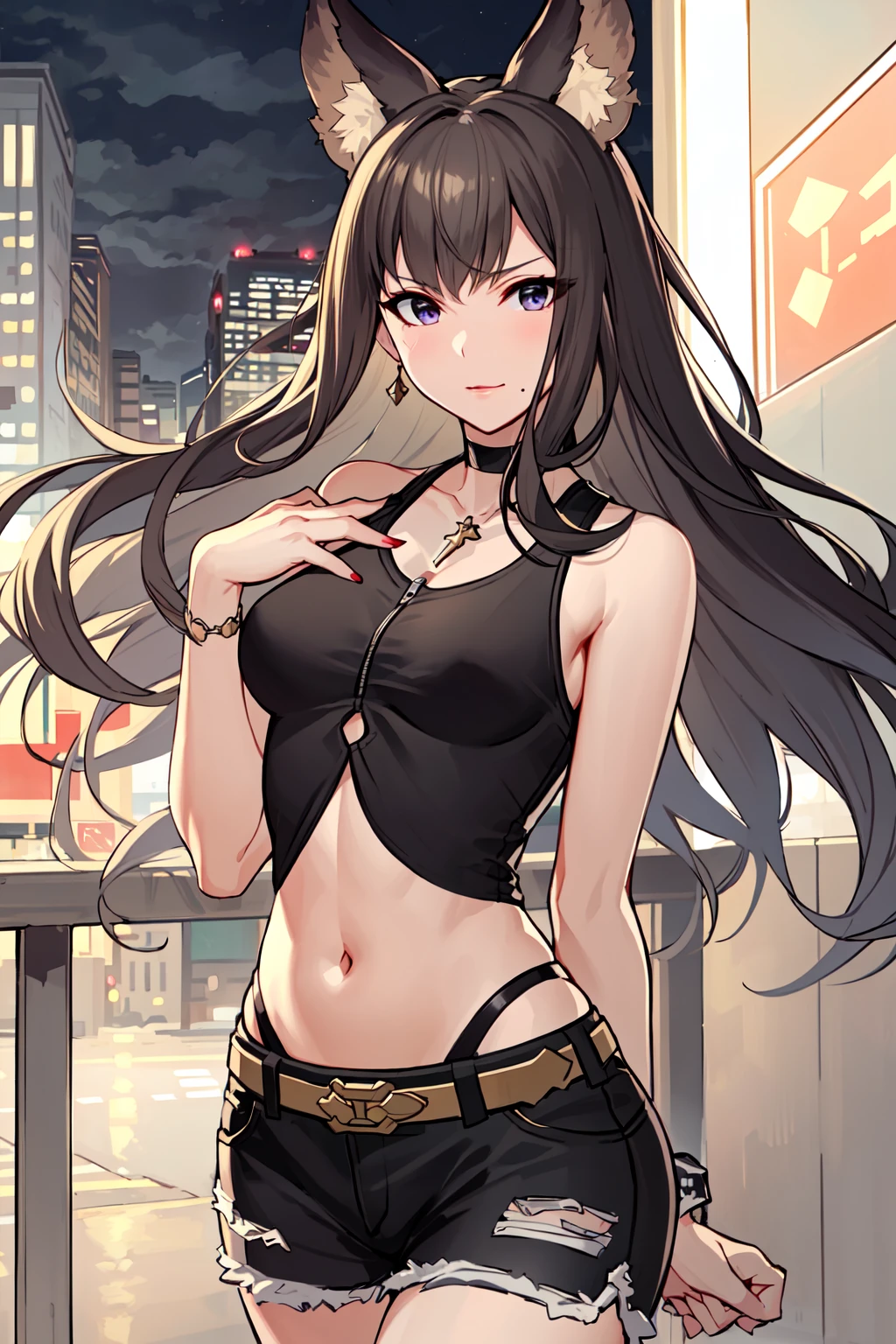 masterpiece, best quality, <lora:Meterav2:0.7>metera, (black hair:1.4),<lora:urbanGal_v10:0.7>urban gal, tank top, belt, shorts, windy, bridge, city, street,night sky, cloud,
