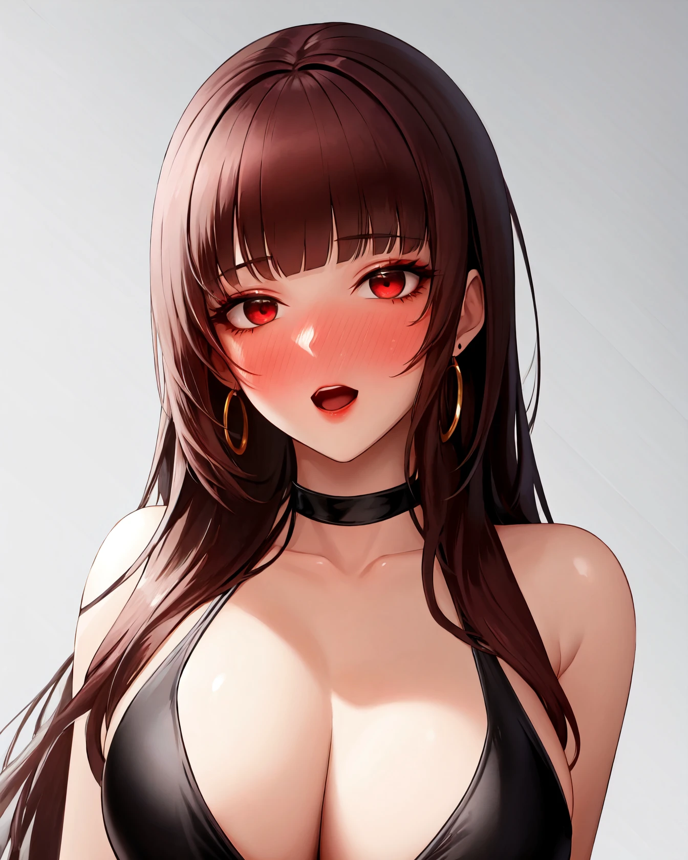 1girl, solo, long hair, looking at viewer, blush, open mouth, large breasts, brown hair, red eyes, white background, dress, cleavage, bare shoulders, jewelry, upper body, ahoge, sidelocks, earrings, parted lips, choker, blunt bangs, black dress, ring, gem, armlet, red gemstone, evening gown,(masterpiece:1.5),(best quality:1.2), <lora:moniam-v1-lokr:0.8>