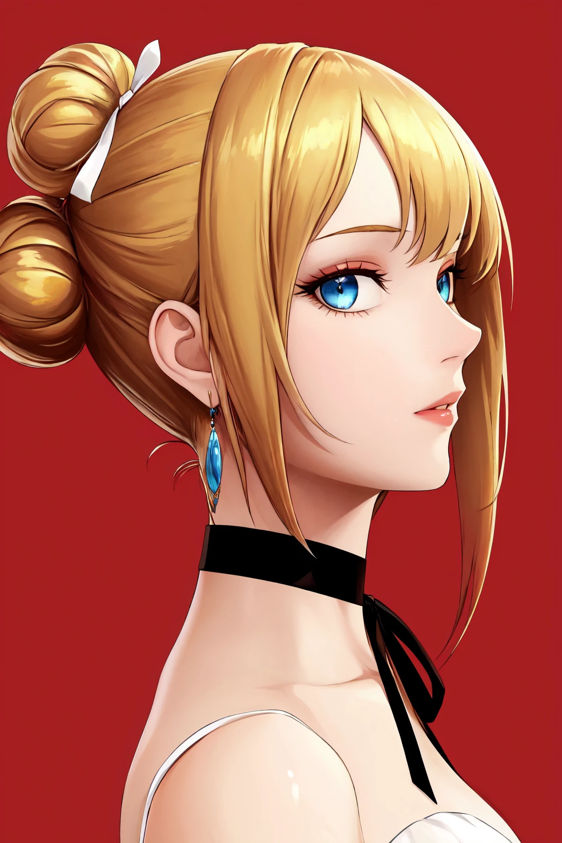1girl, solo, looking at viewer, blue eyes, blonde hair, hair ornament, dress, ribbon, bare shoulders, jewelry, closed mouth, earrings, choker, hair bun, from side, lips, profile, single hair bun, portrait, red background, sideways glance, ribbon choker,(masterpiece:1.5),(best quality:1.2), <lora:moniam-v1-lokr:0.8>