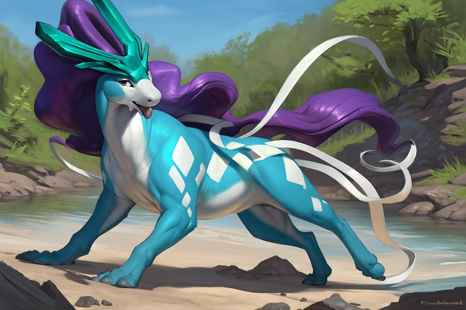 (by narse:1.1),(by braeburned:1.1),by taran fiddler,by honovy,(by killioma:0.8),by kerneldecoy,river lakes,feral,raised leg,bottom of feet,smooth underbelly,(looking at viewer),(tongue),tail,suicune,>,female,3 toes,<lora:Suicunev3:1>,