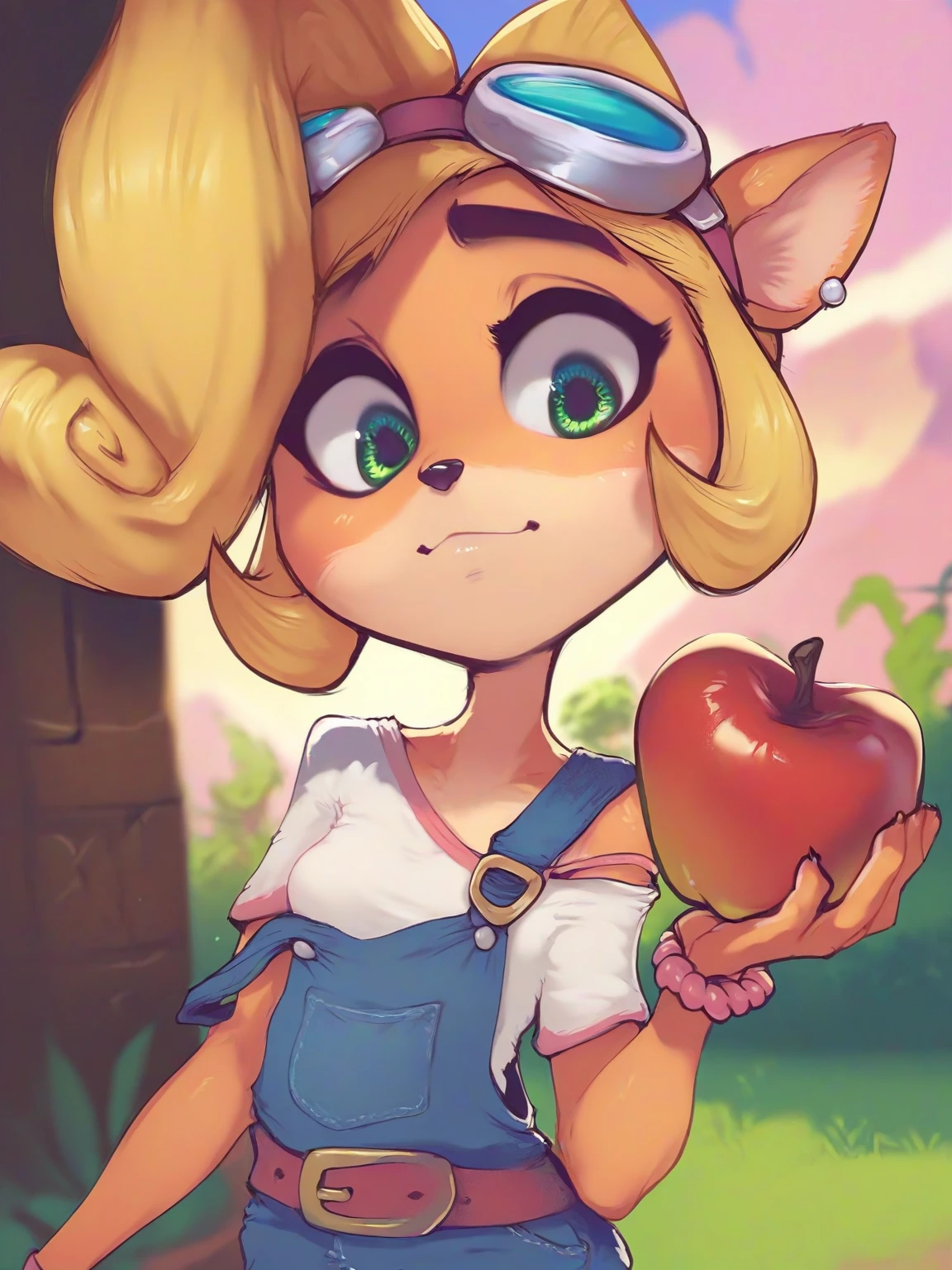 score_9, score_8_up, score_7_up, score_6_up, conoghi_style BREAK
coco bandicoot, 1girl, holding red apple, animal ears, animal nose, belt, blue overalls, body fur, bracelet, earrings, furry female, goggles on head, green eyes, looking at viewer, strap slip, off shoulder, pink footwear, red belt, shadow, shirt, short sleeves, solo, white shirt, outdoors,
<lora:conoghi_xl-000008:1>