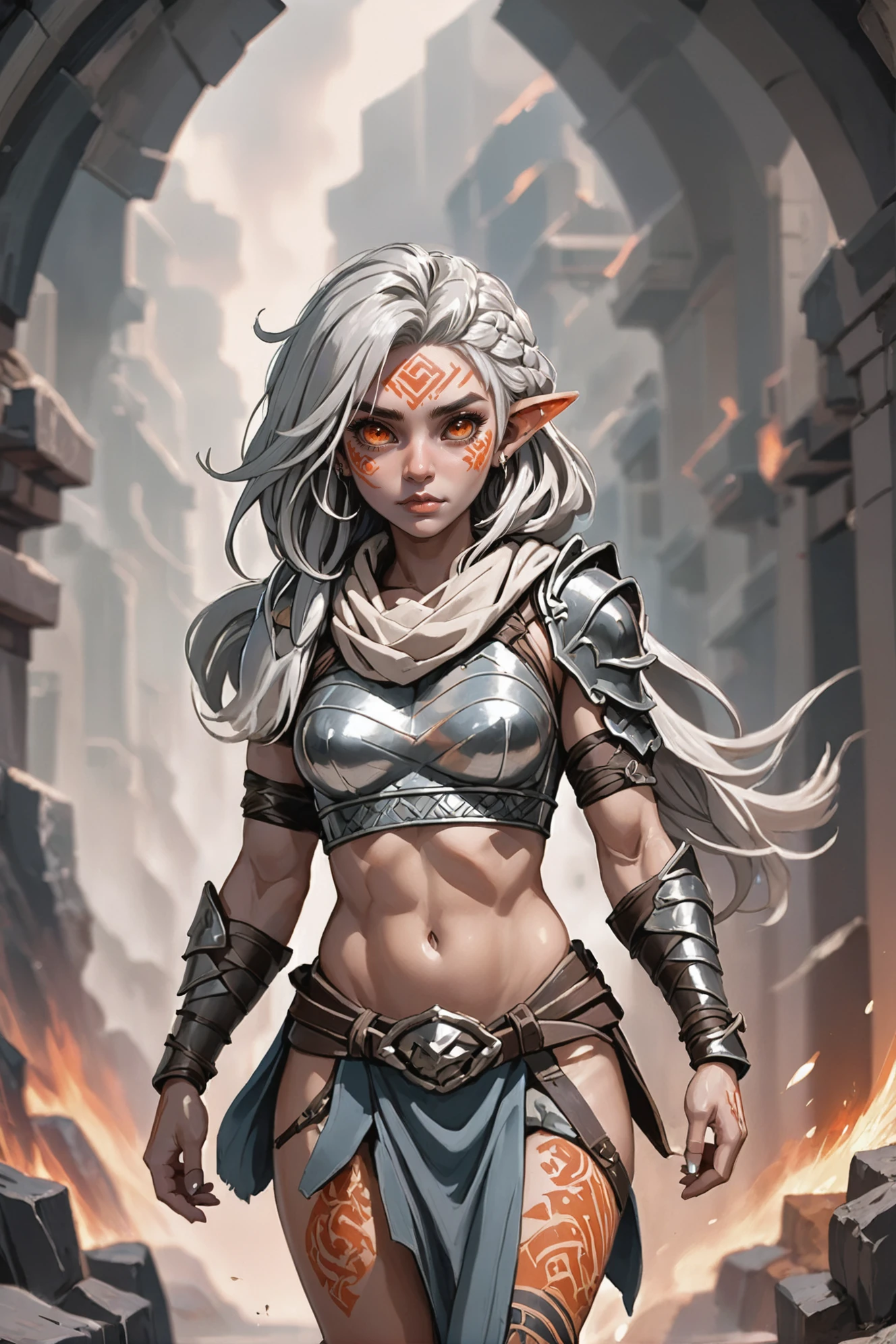digital painting, 1girl, woman, fierce orc barbarian warrior, toned, sexy armor, (tribal tattoos:1.4), platinum hair with red-orange highlights, hair over one eyefur cloak, walking, bombshell hair, silver hair, Basket Weave Braid, average figure, caucasian, Emergency Escape Tunnel \(room\) <lora:EnvyBetterHiresFixXL01:0:hr=1><lora:EnvySendNoodzXL01:-0.6><lora:EnvyDramaticPortraitXL01:1><lora:EnvyGoddessXL03:1>