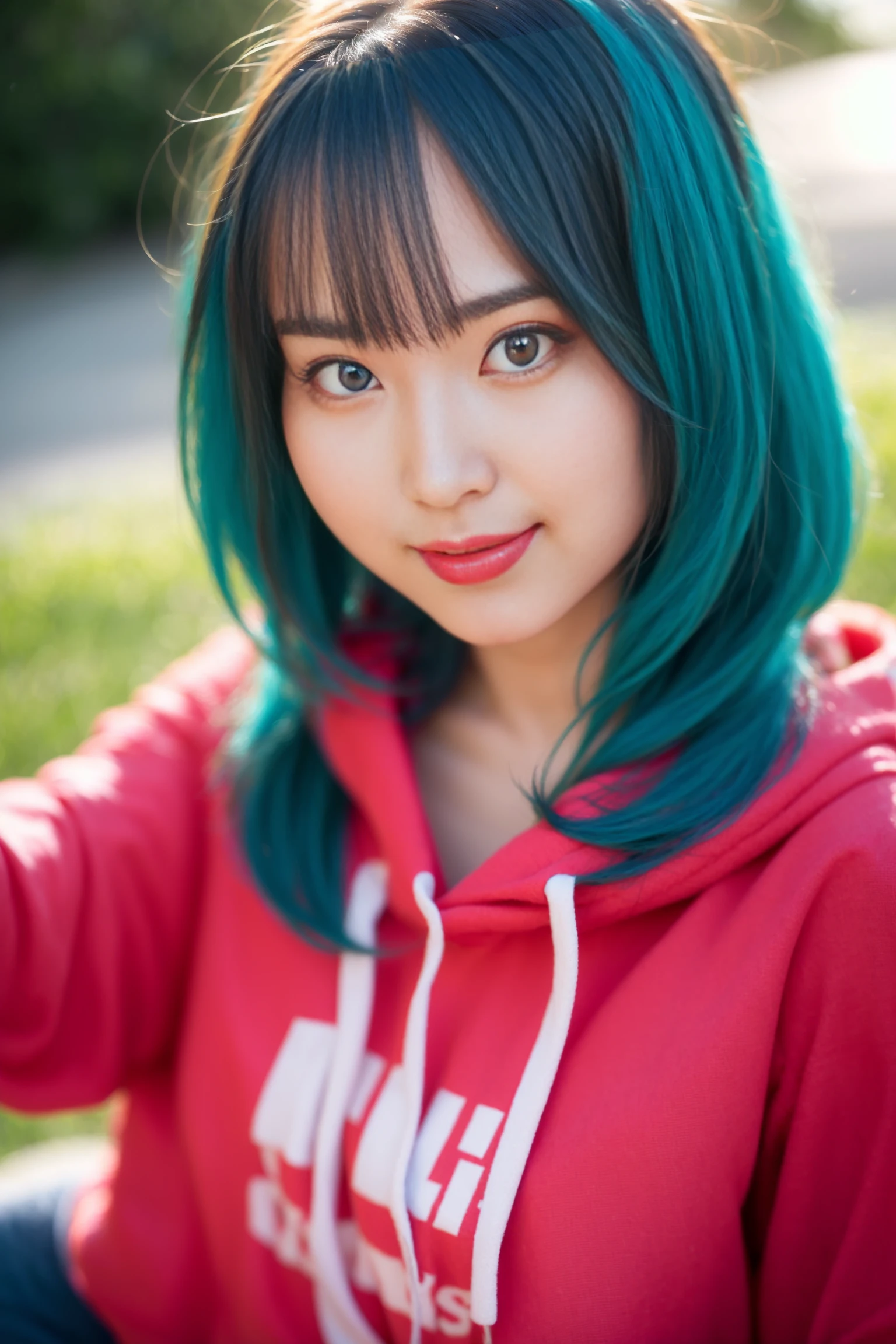 <lora:nana_kic_v01:0.9>, 
 (8k, RAW photo, best quality, masterpiece:1.2), (realistic, photo-realistic:1.37), omertosa,1girl, blurry background,lake, sunlight,professional lighting, photon mapping, radiosity, physically-based rendering, backlight bokeh, blurry background,smile, ((black choker)), red lips, student ,((lights shinning on the face))
head portrait
,
sunlight, ((outdoors)) ,((light shinning on the hair))
((short t-shirt,hoodie,navel-baring shirt)),
((long hair)), ((floating hair)), blue hair,wavy hair, glowing hair,
135mm lens,,big breast,red lips,smile,
