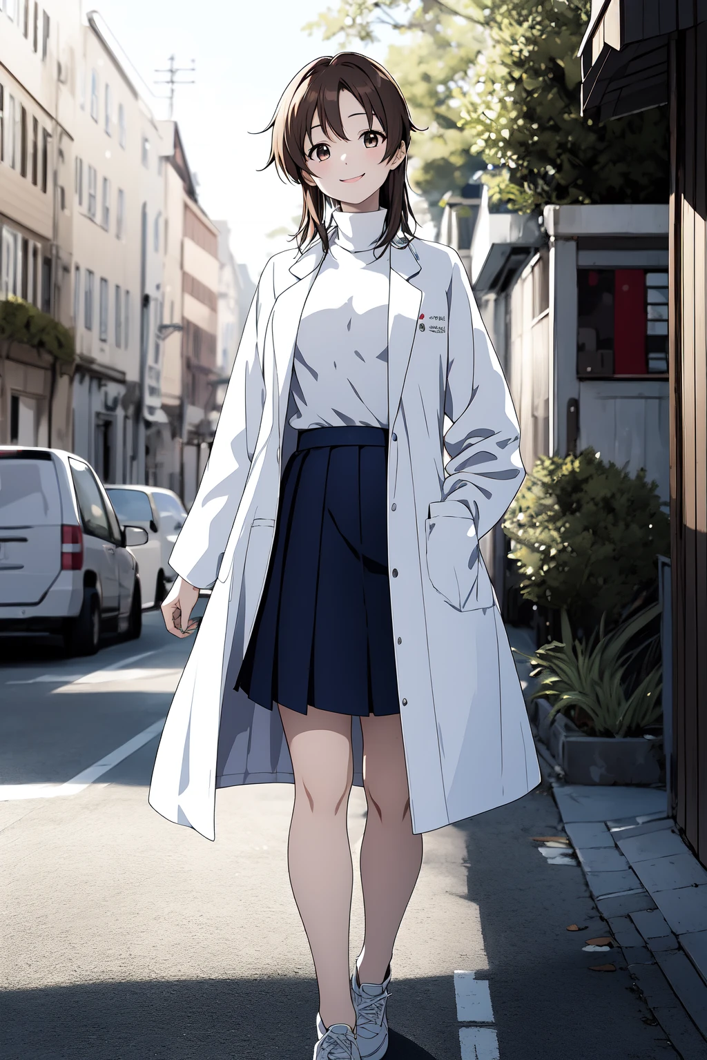 (RAW photo, best quality), 1girl,  natural lighting, gentle smile, 
 <lora:loveletter_mizuho_v1_2-000006:1>, loveletter_mizuho, labcoat, turtleneck, full body, beautiful legs, outdoor, windy, skirt,