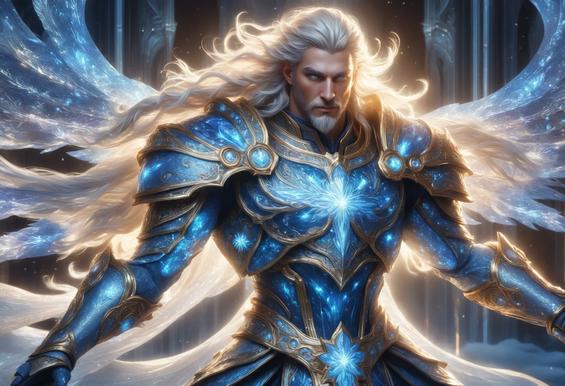 awesome quality, dynamic,upper body,male paladin   delicate, crystalline snowflakes, beautifully symmetrical, hovering in the air, sparkling, brilliantly, refracting light, chills emanating, frosting surfaces  <lora:ClearHand-V2><lora:DonMM1xXL-v1.1:.6>,