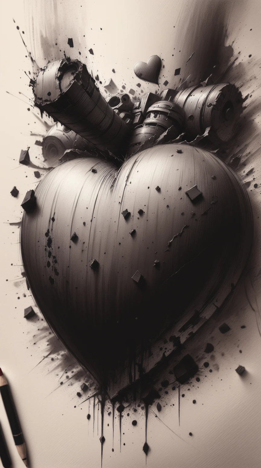 Drawing of a wounded human heart with horizontal guitar strings, broken with the falling pieces