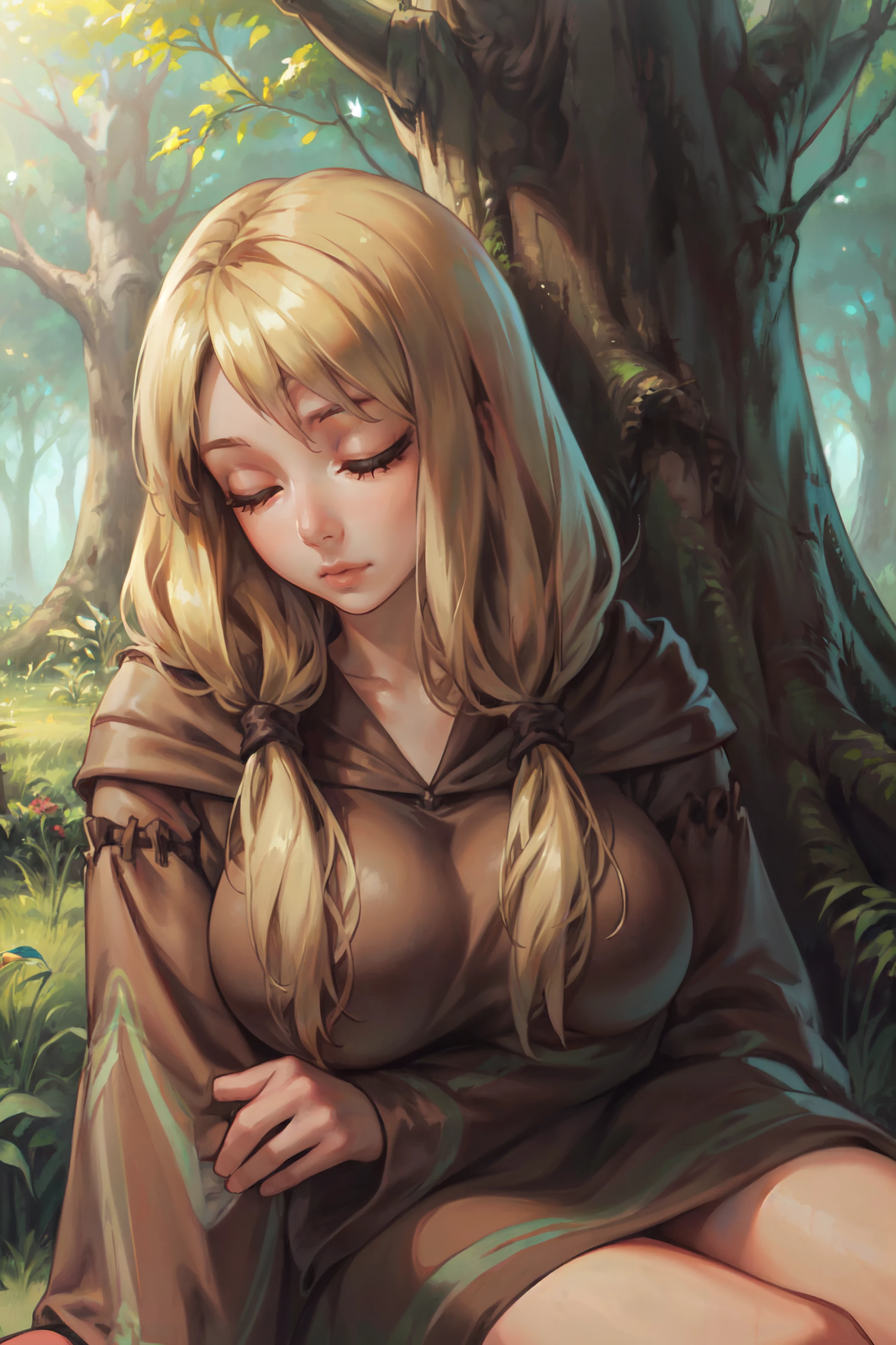 (masterpiece, best quality, ultra detailed, beautiful illustration), atmospheric perspective, depth of field, beautiful detailed eyes, anime eyes:1.4, looking at the viewer, (portrait, close-up:1.3), sexy pose, dynamic angle, (outdoors, forest), 1girl, eyes closed, (huge breasts), <lora:FinalFantasy_FemaleGeomancer:1>, GeomancerFFT, long hair, blonde hair, twintails, low twintails, brown eyes, dress, hood, gloves, boots, (sitting:1.6, sleeping against a huge tree:1.6, leaning against a tree:1.6, sleeping:1.6, bird on her shoulder:1.6),