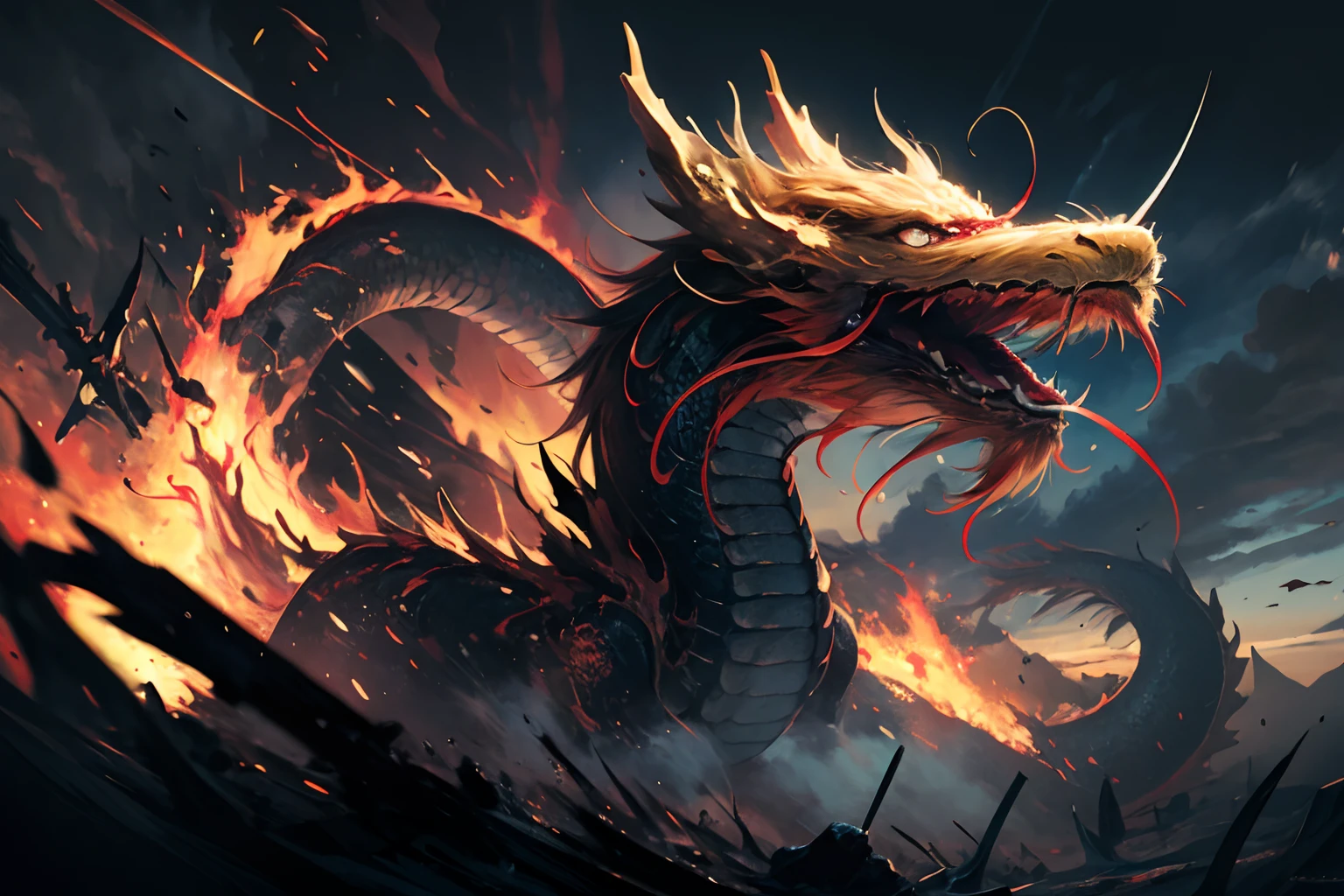 <lora:0219 loong_v1:1>,ruanyi0219,loong,no humans,outdoors,cloudy sky,claws,eastern dragon,long tail,whiskers,chinese new year,red theme,fire,cloud,(wide shot:1.2),
(Low Angle shooting, super wide lens:1.1),(dramatic, gritty, intense:1.4),, best quality,masterpiece,highres,official art,extremely detailed cg unity 8k wallpaper