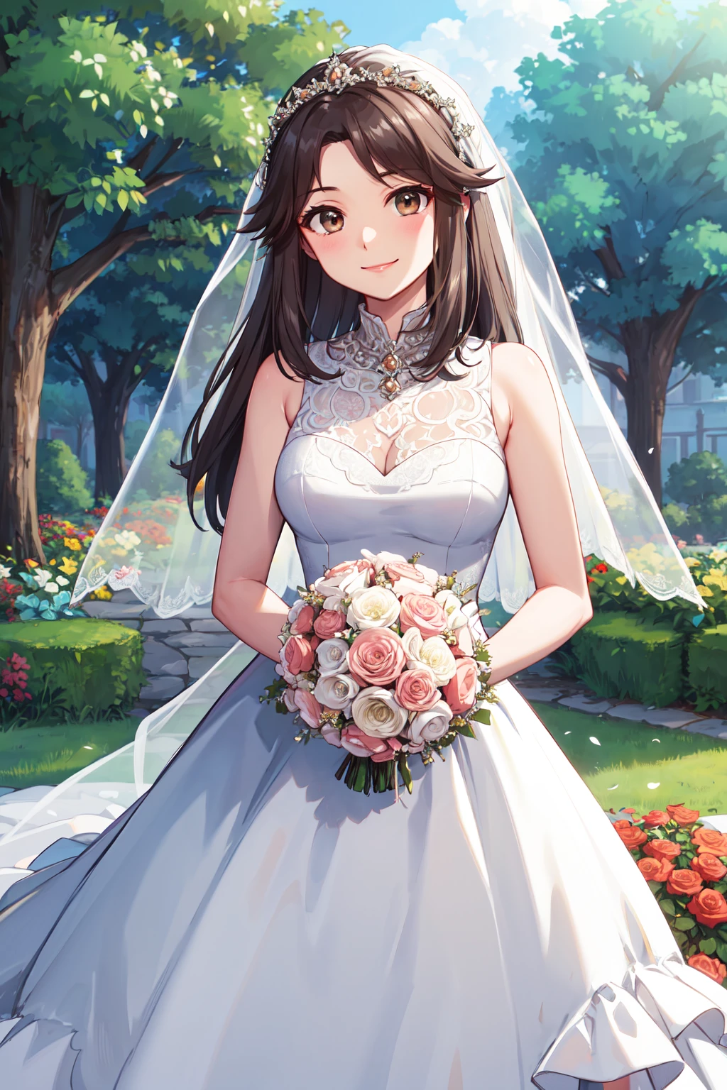 masterpiece,best quality,highres,ultra-detailed,aaleaf,long hair,<lora:leaf_(pokemon):0.7>,(wedding dress:1.2),white dress,(veil:1.2),garden,smile,outdoors,standing,cowboy shot,holding bouquet,