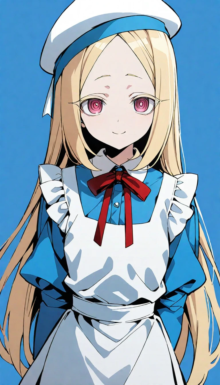illustration,1girl,anime character,female,long blonde hair,blue dress,white apron,red bow,white beret,red shoes,light pink eyes,arms_behind_back,smiling expression,<lora:Morino Korisu:0.65>,blue_background,simple background,, masterpiece, best quality,