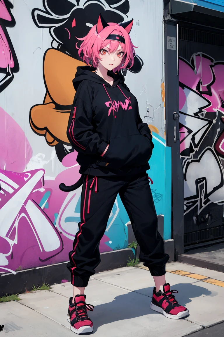 masterpiece, best quality, absurdres, YuukiNinjaWars, cat ears, tail, short hair, hairband, urban and street style, graffiti-inspired colors, cool and edgy attire, baggy pants, oversized hoodie, stylish sneakers, fashionable accessories, hip hop jewelry, confident expression, graffiti walls, energetic and vibrant atmosphere, <lora:CHAR-YuukiNinjaWars:0.9>