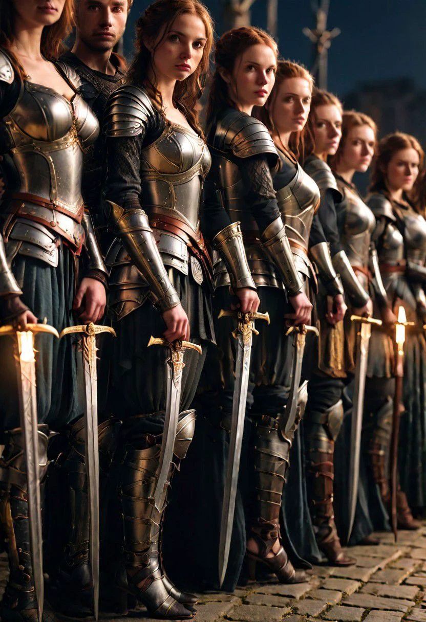 Front View, Female medieval knughts Standing in a row, glowing swords in the night, Closeup, detailed,