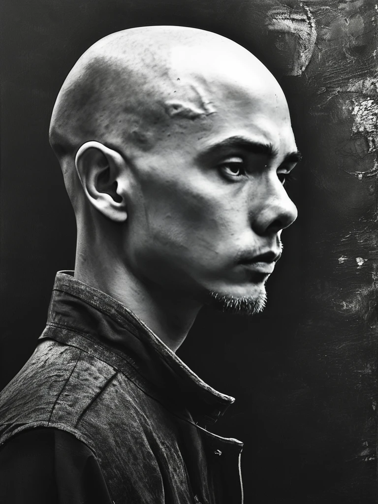 ((masterpiece)), ((best quality)), 8k, high detailed, ultra-detailed,fenliexl,surrealism, mixed media,monochrome, greyscale, 1boy, solo, bald, male focus, from side, lower head, <lora:XSfenlie:1>