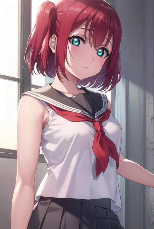 rubykurosawa, <lora:ruby kurosawa s2-lora-nochekaiser:1>,
ruby kurosawa, short hair, bangs, (green eyes:1.3), red hair, aqua eyes, (two side up:1.2),
BREAK shirt, school uniform, white shirt, serafuku, neckerchief, uranohoshi school uniform, orange neckerchief, sleeveless, skirt, pleated skirt, grey skirt,
BREAK indoors, classroom,
BREAK looking at viewer, (cowboy shot:1.5),
BREAK <lyco:GoodHands-beta2:1>, (masterpiece:1.2), best quality, high resolution, unity 8k wallpaper, (illustration:0.8), (beautiful detailed eyes:1.6), extremely detailed face, perfect lighting, extremely detailed CG, (perfect hands, perfect anatomy),