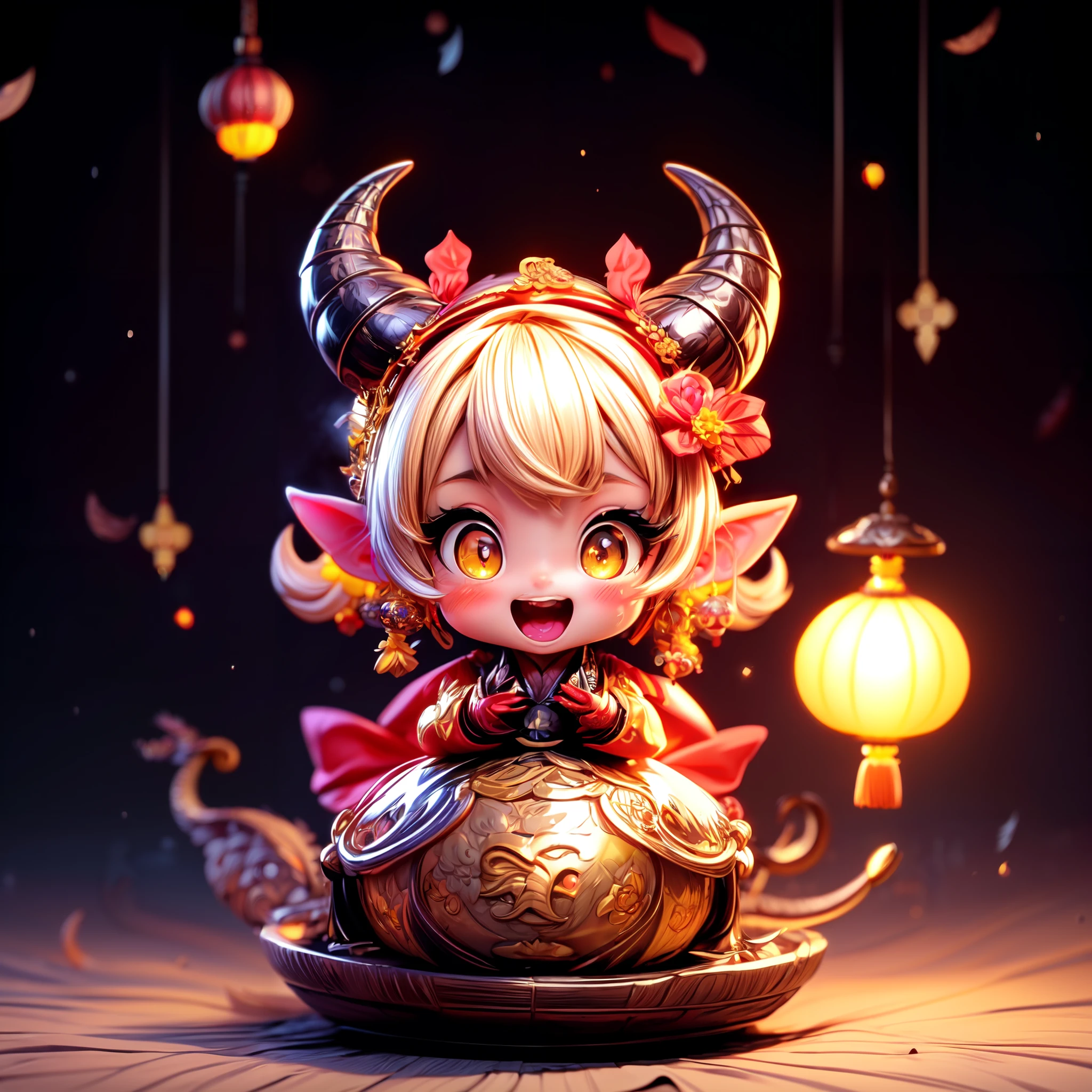 LunarChibiDragon,<lora:LunarChibiDragon:1>,masterpiece, (Best quality:1.2), highres, (scenary:1.2), Dynamic light, 1 cute girl,glowing lanterns,yellow hair,night, wearing cute traditional chinese gloves,cute, looking at viewer, cinematic lighting, dramatic angle, glowin yellow eyes, pointy ears, hair ornament, traditional red chinese long sleeved dress, bare shoulders, laces, AGGA_ST004, cute adorable face, ribbon,nice hands,detailed cute hands,lunar new year,happy facial emotion,open mouth,horns,dragon girl,backround fireworks scenery, <lora:add_detail:0.6> <lora:more_details:0.6> <lora:colorfix:0.6>