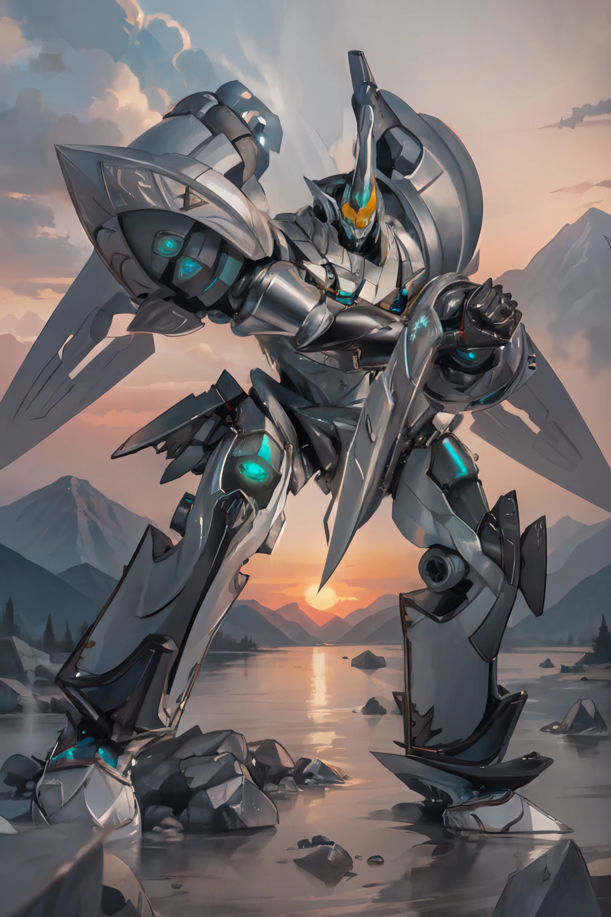(masterpiece, best quality, ultra detailed, beautiful illustration), atmospheric perspective, depth of field, (full body), fighting stance, dynamic angle, (outdoors, ruins, sunset, mountains), <lora:EiyuuDensetsu_Valimar:1>, ValimarSen, science fiction, mecha, robot, glowing, wings, no humans, (martial arts)